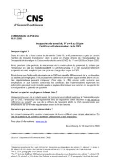 Communiqué de presse - Incapacités de travail du 1er avril au 30 juin Certificats d’indemnisation de la CNS